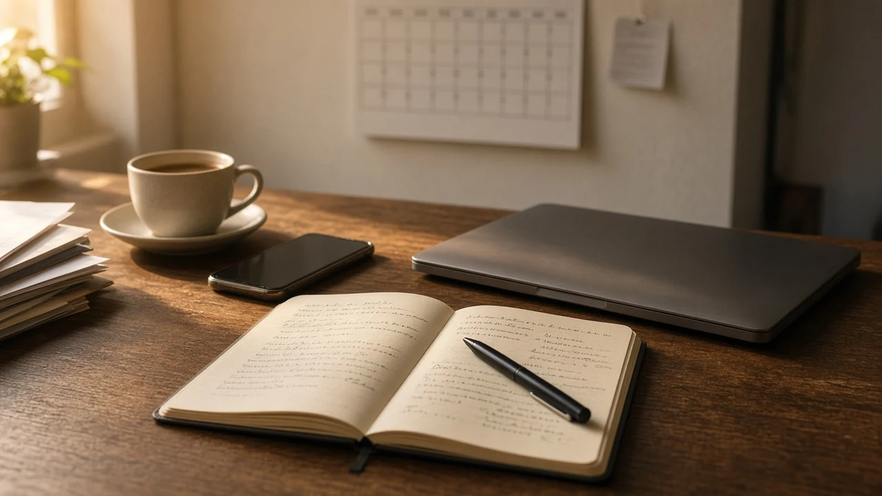A quiet desk with a notebook, laptop and phone, suggesting the manual work software replaces