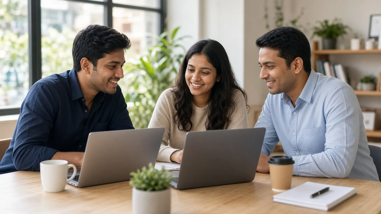A small team collaborating around laptops in a bright modern office