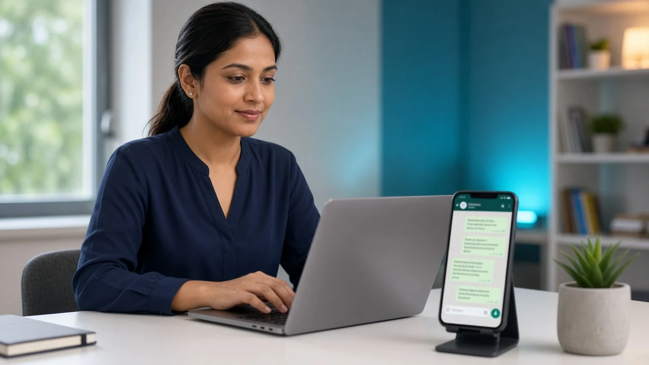A support specialist at a desk with a laptop and phone showing a customer chat