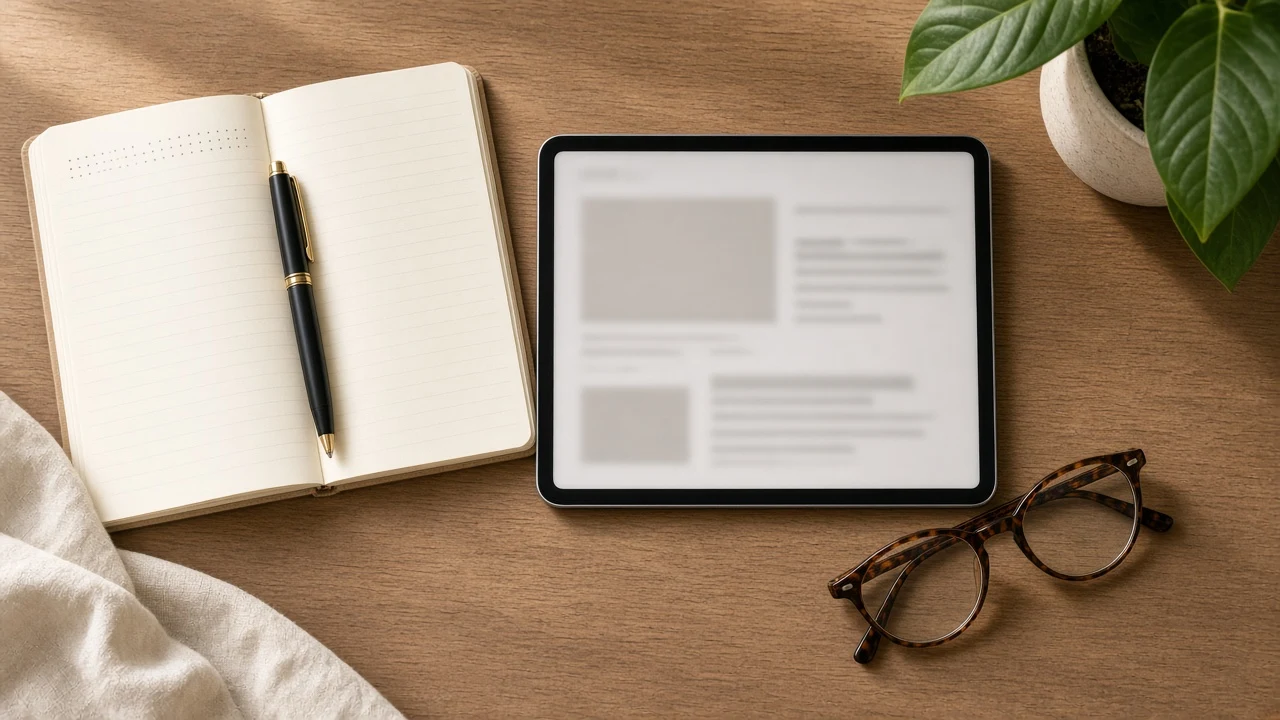 A desk with a notebook, glasses and tablet ready for reading