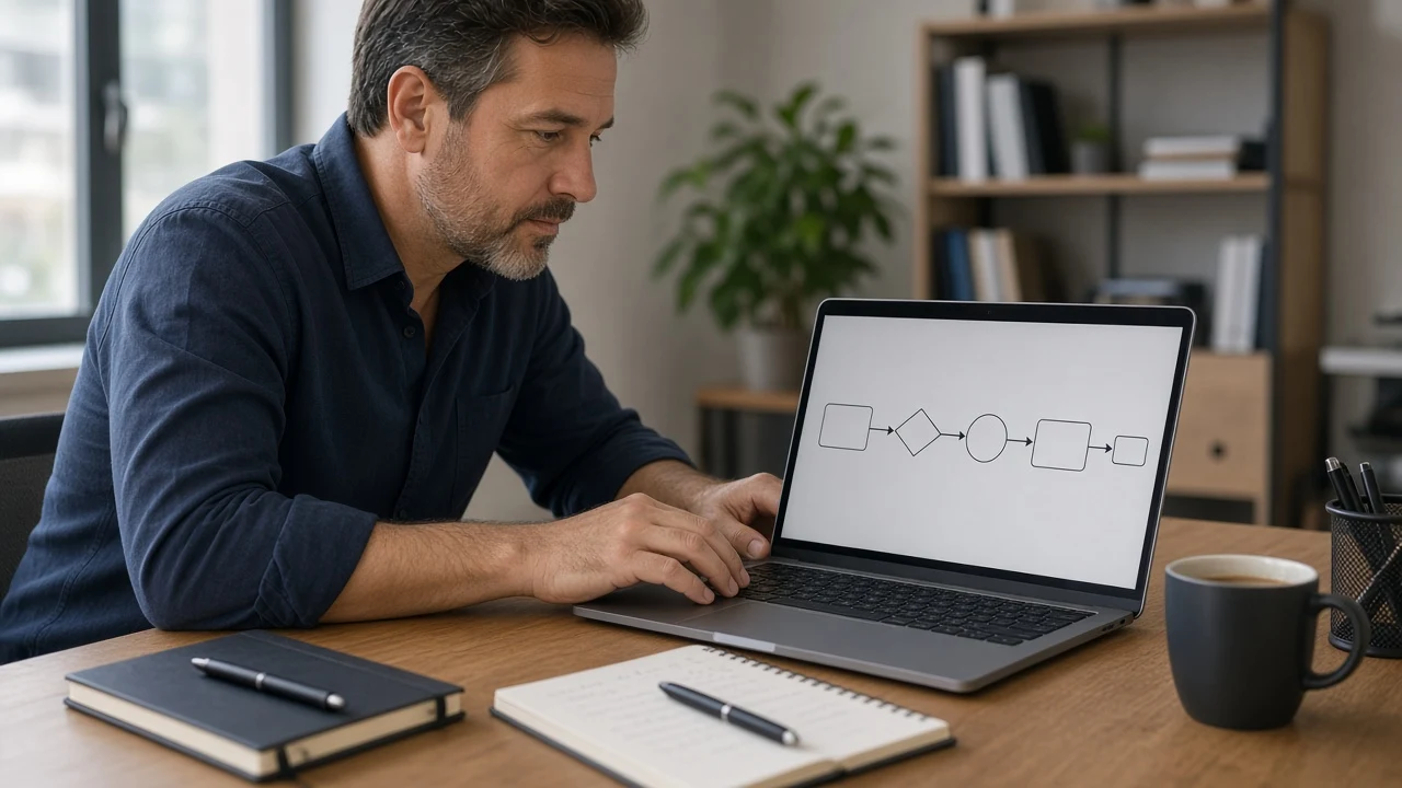 An operations manager reviewing a workflow board on a laptop