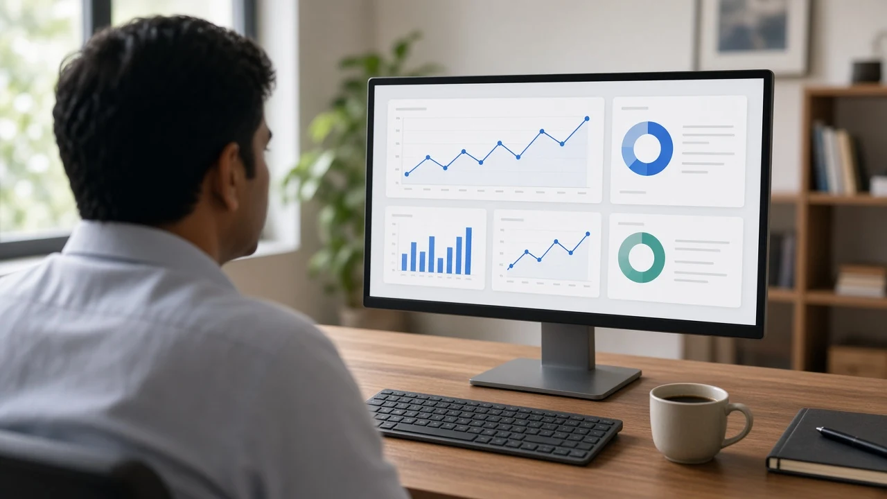 A business owner reviewing a sales dashboard on a large monitor