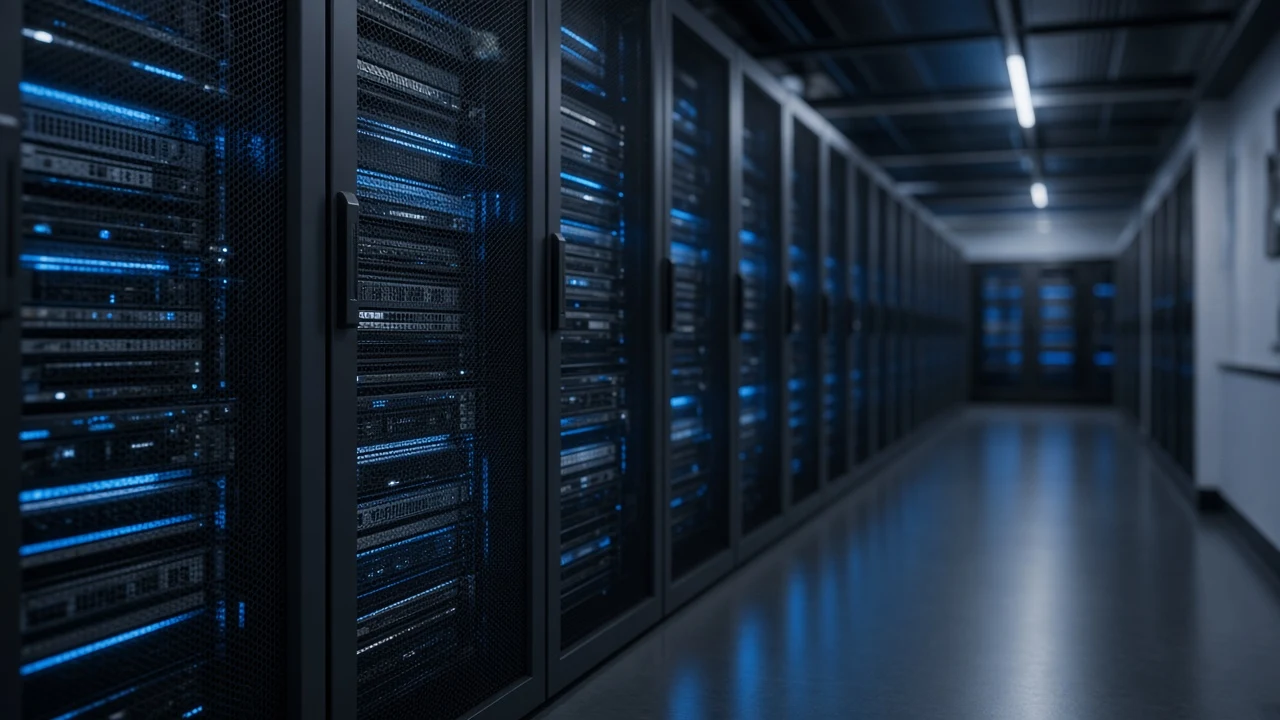 A modern server room corridor with soft blue lighting
