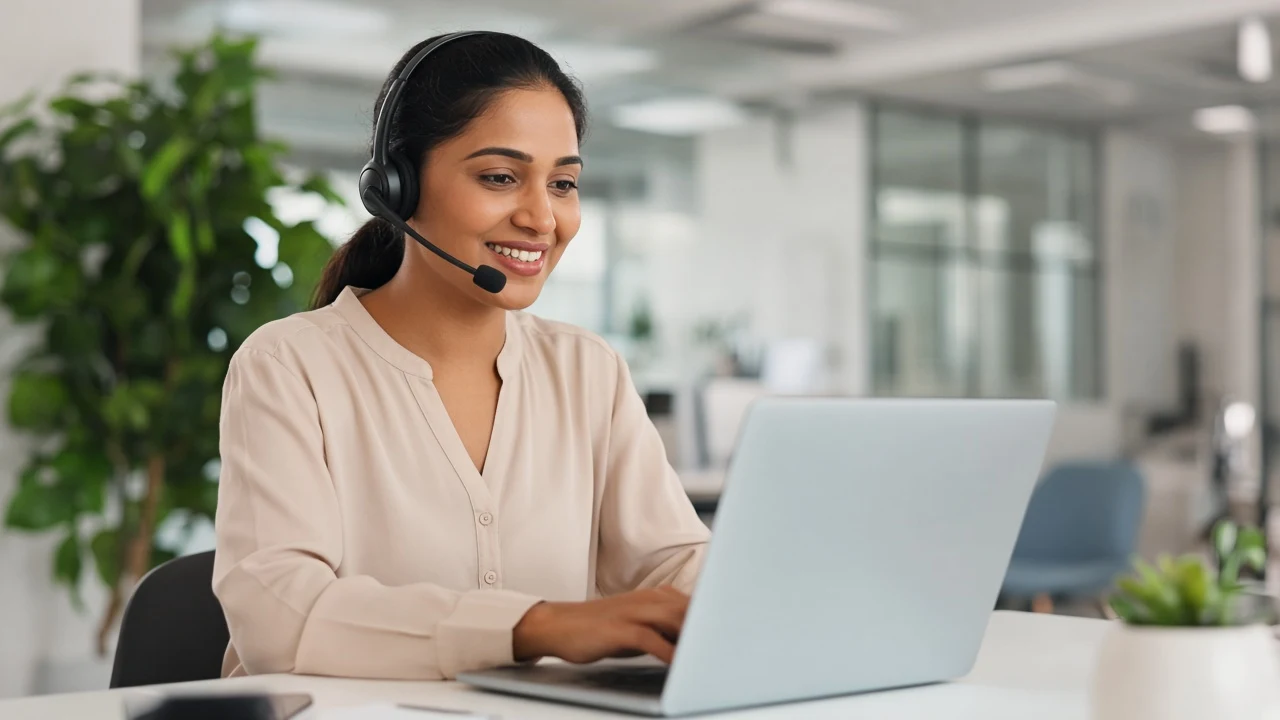 A support executive wearing a headset, smiling while working on a laptop