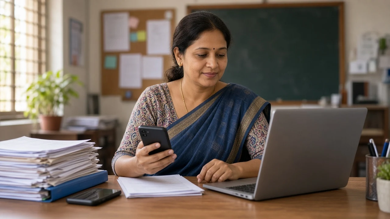 A school counsellor at a desk with a laptop and admission forms