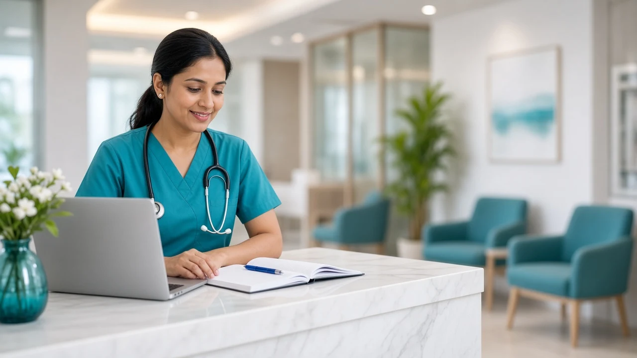 A clinician at a clinic reception desk with a laptop