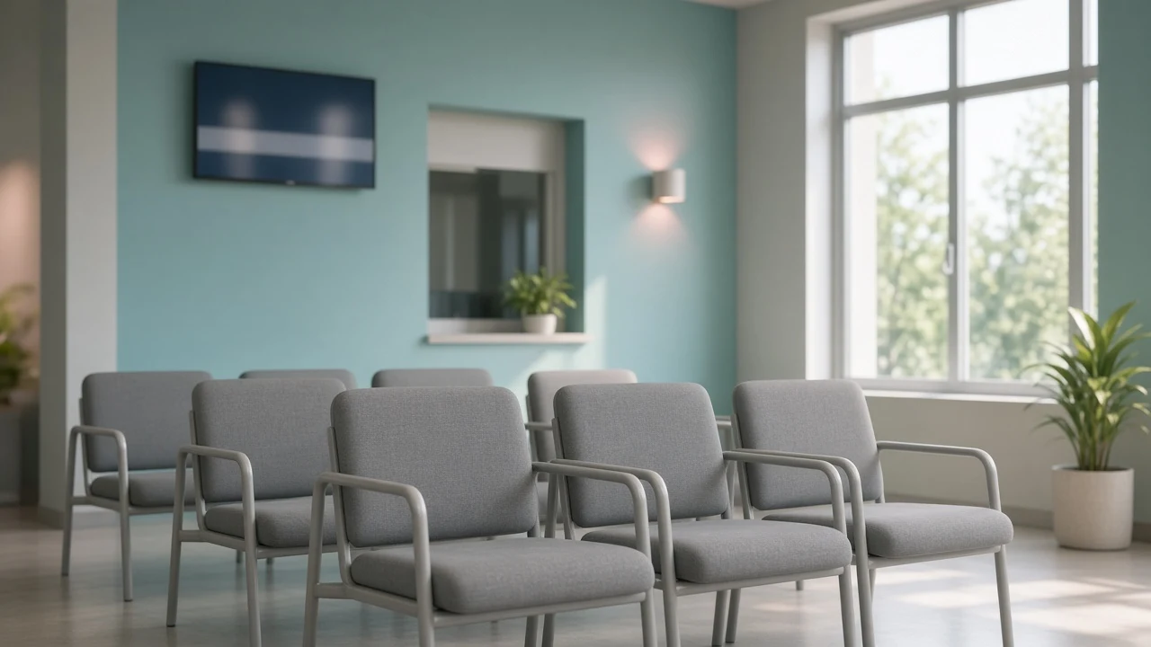 A calm clinic waiting area with soft morning light