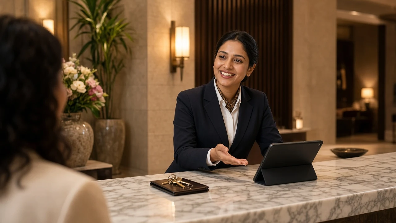A hotel receptionist welcoming a guest at the front desk