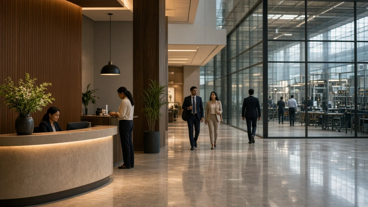 A modern business lobby with professionals walking through