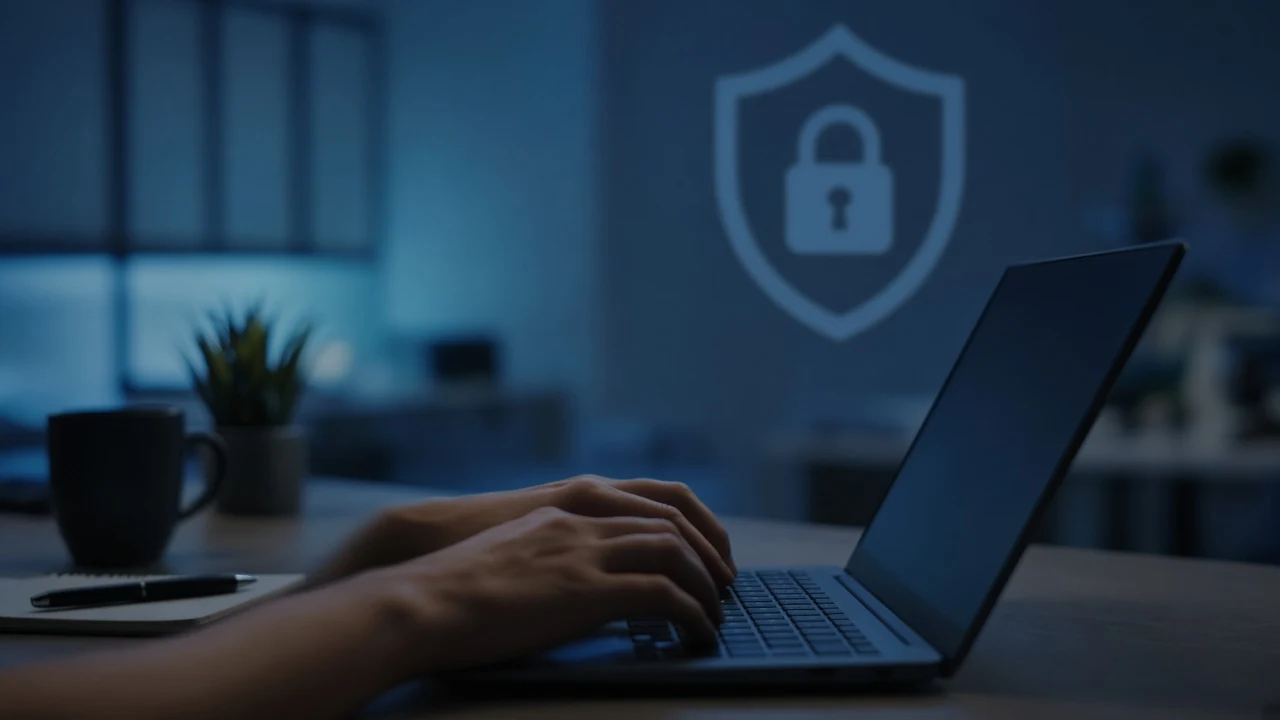 Hands typing on a laptop in a secure, softly lit office