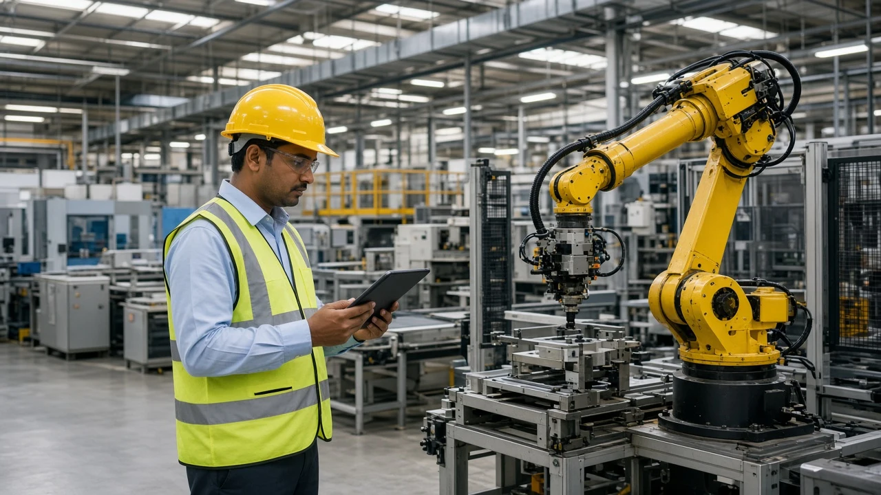 An engineer in a safety helmet using a tablet on a factory floor