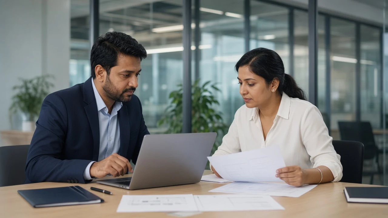 Two professionals reviewing documents and a laptop in a meeting room