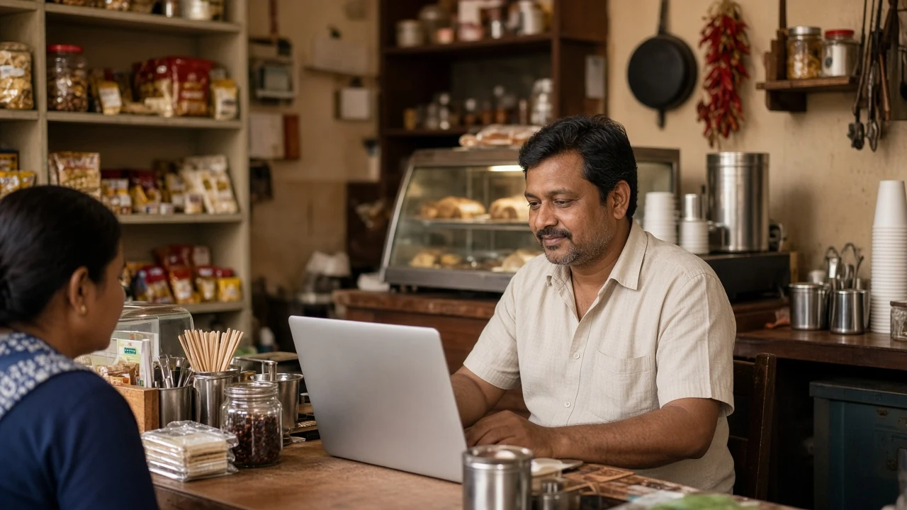 A shop owner using a laptop at the counter while serving customers