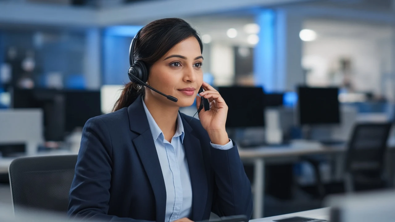 A professional on a headset call in a modern office