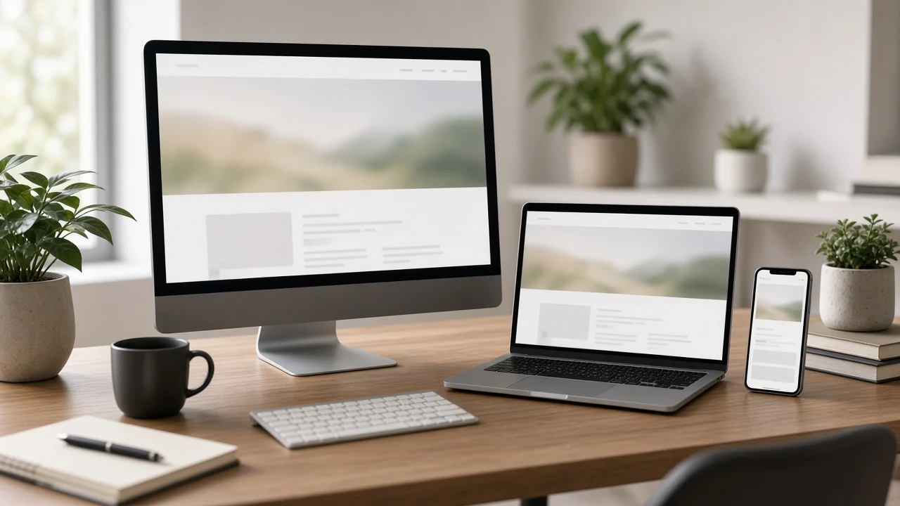 A desk with desktop, laptop and phone showing the same website layout